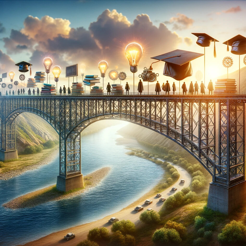 An image of a girder bridge over a river. Students are standing over the bridge and multiple images related to academic are floating in the air.